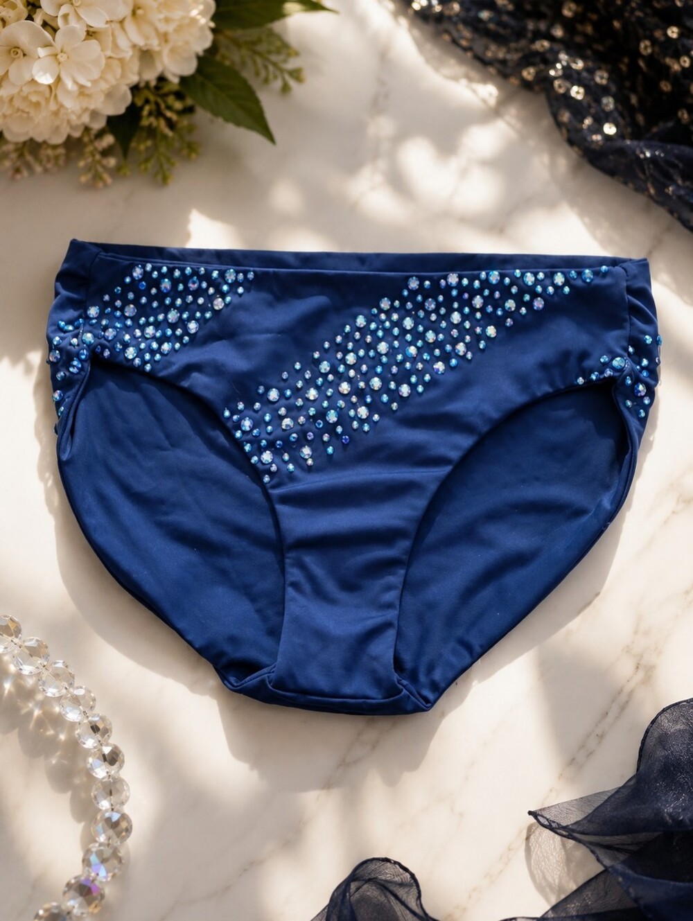 HROINE Navy Blue Rhinestone Dance Briefs Competition Costume Youth S